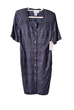 NEW VINTAGE J Song Dress Womens Size 8 100% Linen Black Lightweight Career Work